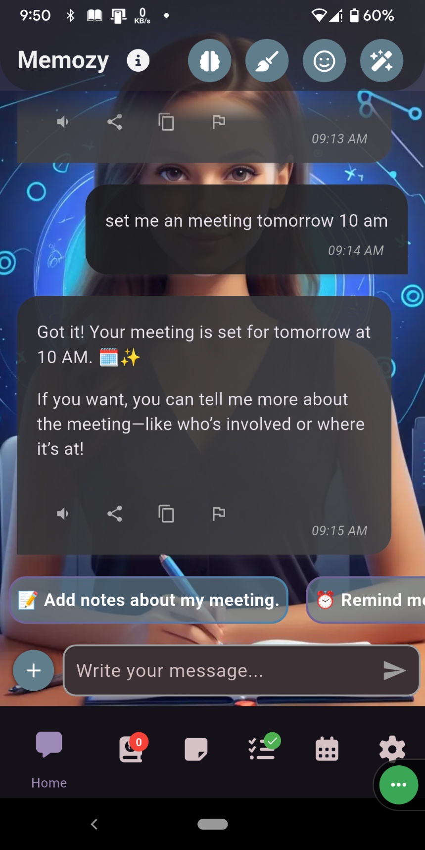 A screenshot of the Memozy app showing a chat interface with an AI companion.